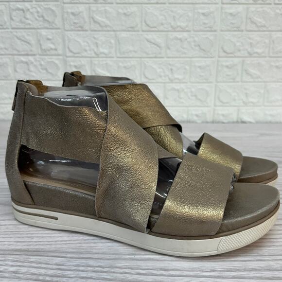 Eileen Fisher Sports Platform Sandal WMNS 10 Platinum Metallic Suede Criss Cross - Picture 1 of 11
